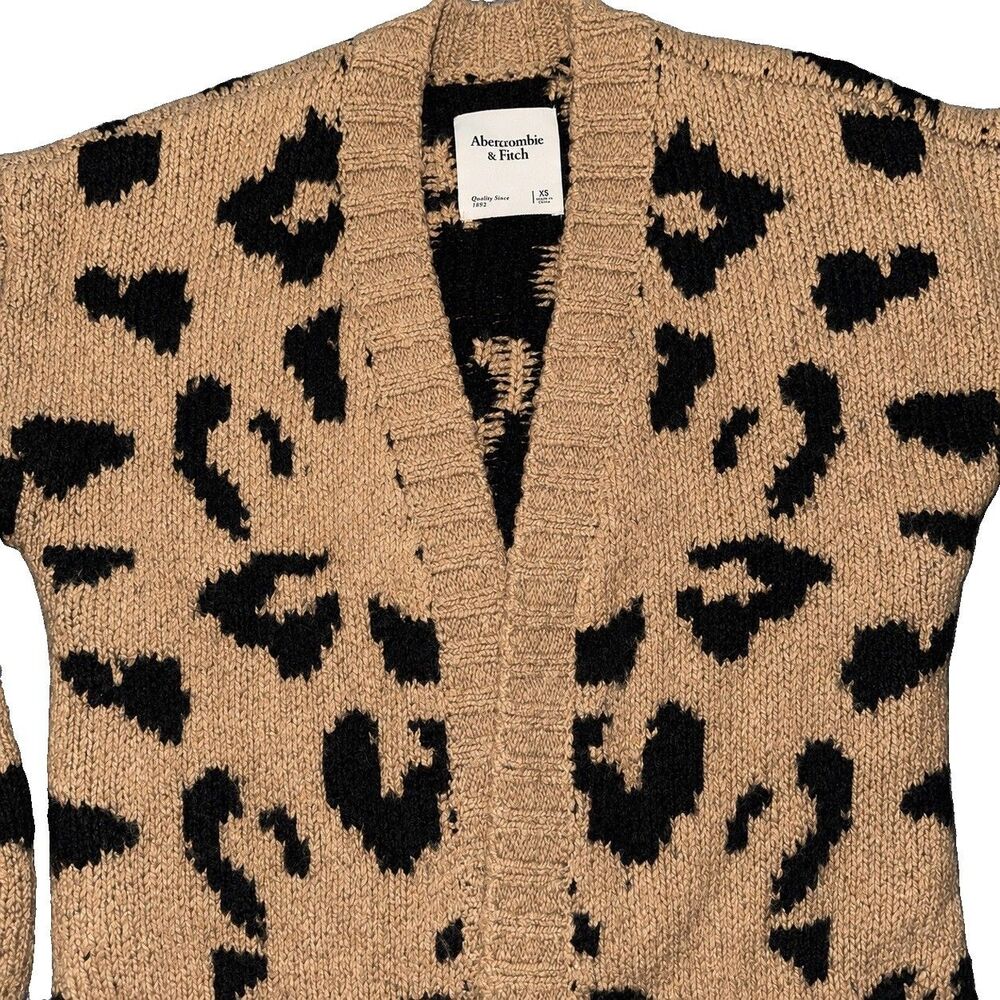 Abercrombie & Fitch Cardigan Womens XS Tan Black Leopard Wool Blend Open Front - Picture 2 of 8